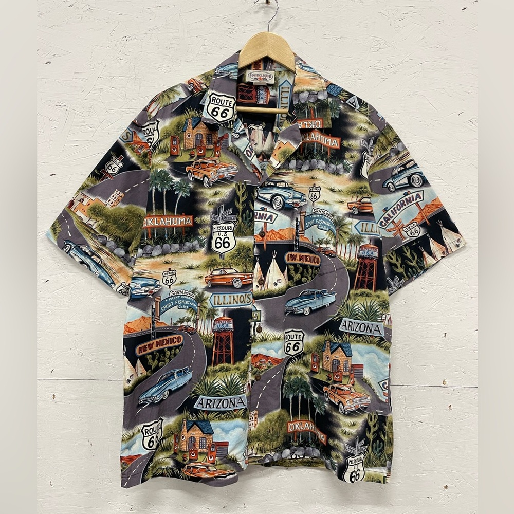 Vintage Pacific Legend “Route 66” Hawaiian AOP Button Down Shirt, Size XL